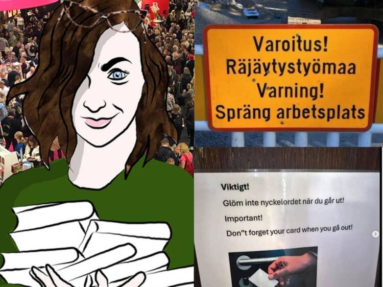 Karikatyr av person samt två skyltar